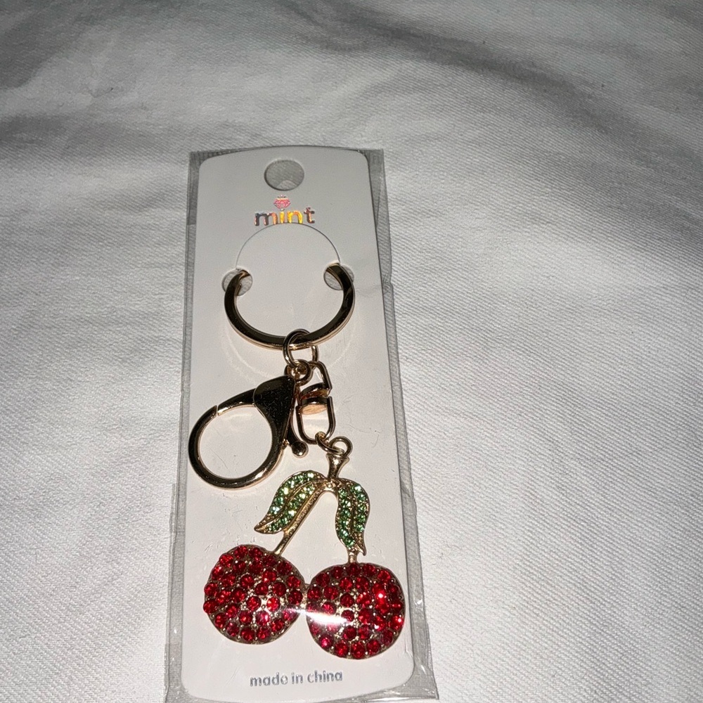 Keychain/Bag Charm Cherry Glitter with Green Accents